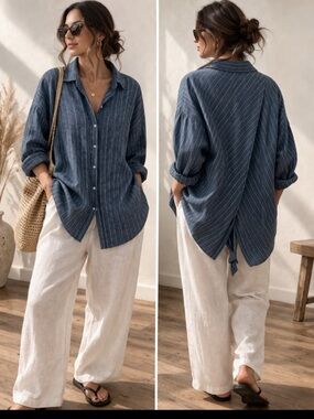 Cielo 100% Linen Blue Striped Oversized Shirt Asymmetric Back Detail Lagenlook
